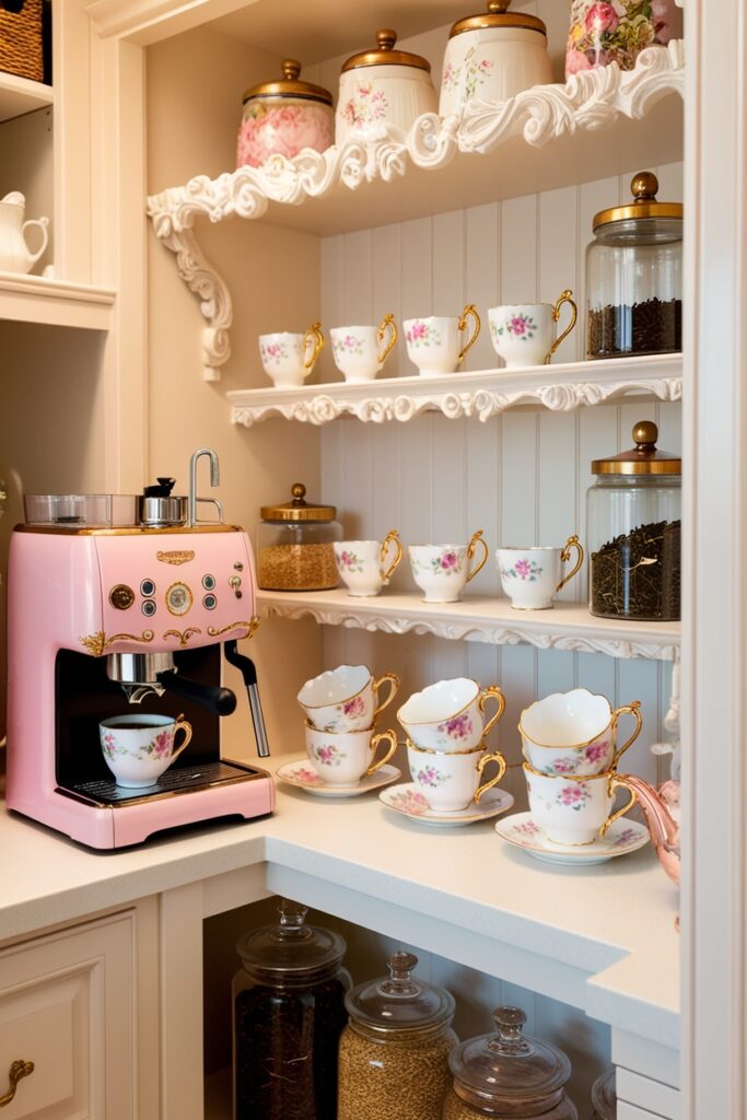 walk-in pantry with a coffee and tea station, pastel pink espresso machine, delicate floral teacups