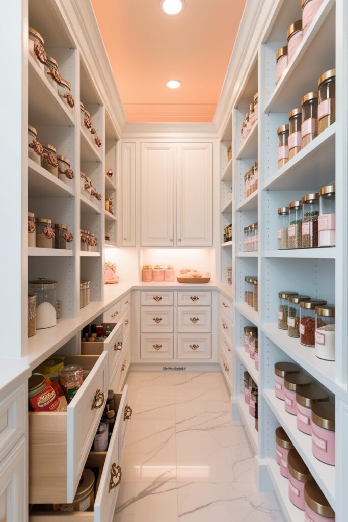 walk-in pantry with custom pull-out drawers, gold handles, blush pink accents