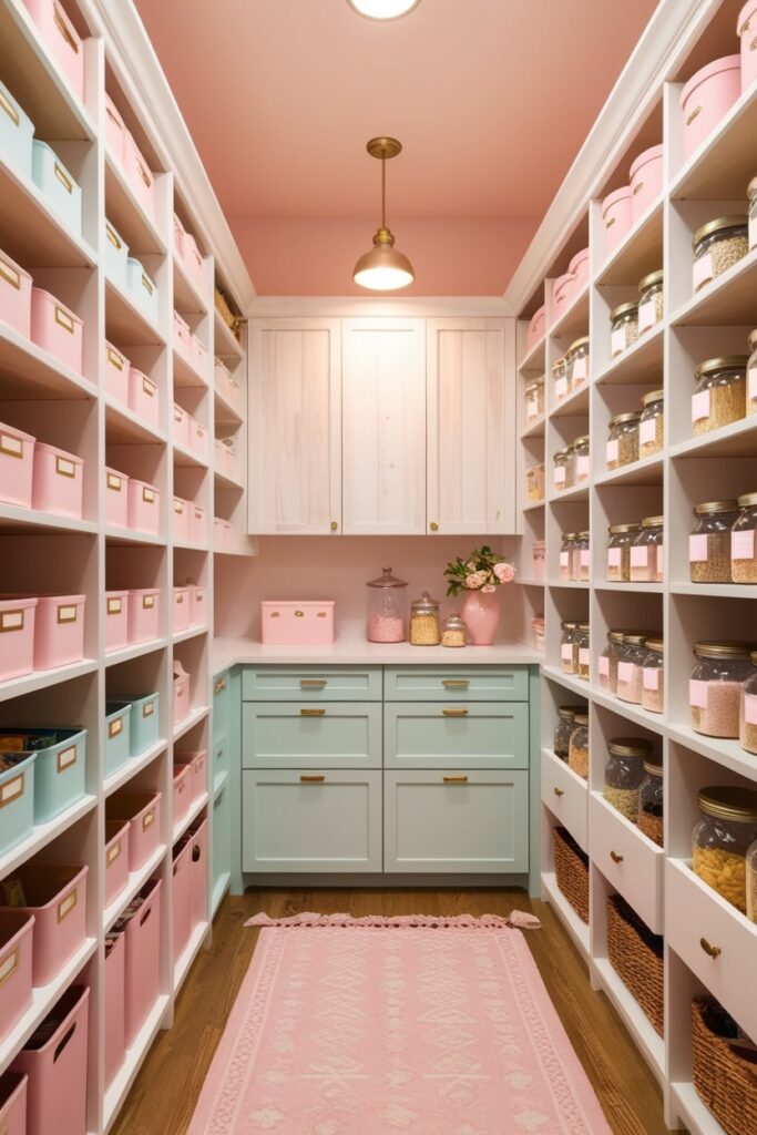 walk-in pantry with floor-to-ceiling white wooden shelving