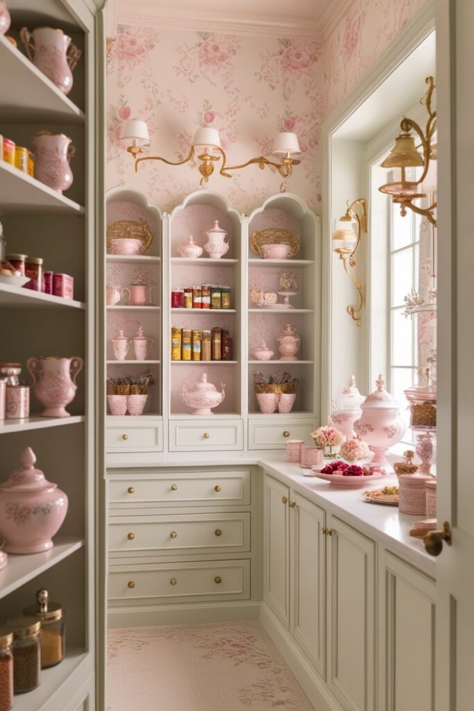 walk-in pantry with floral wallpaper in soft pink and sage, gold light fixtures, and dainty containers