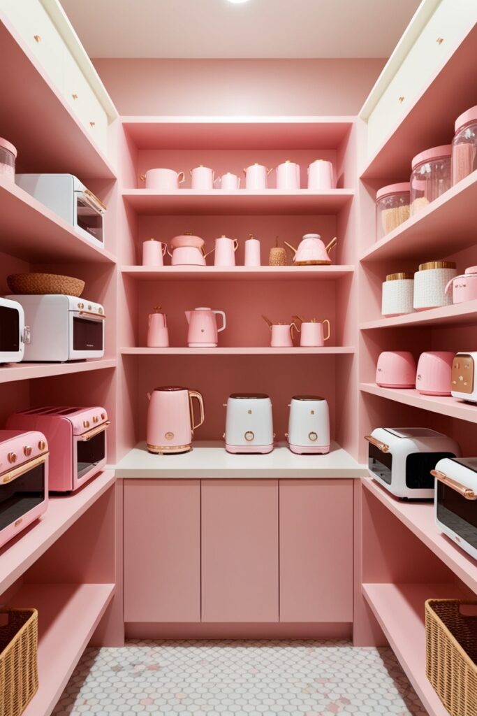 walk-in pantry with pink and white small kitchen appliances neatly stored on pastel shelves