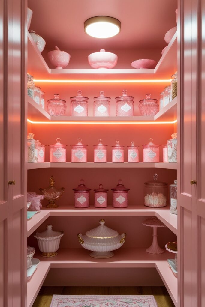 walk-in pantry with warm LED lighting, glowing under pastel pink shelves