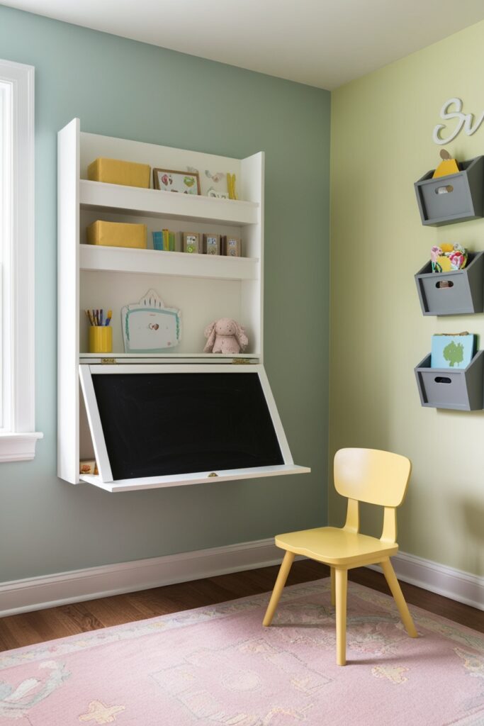 wall-mounted fold-down table in a small kids’ room with soft colors, folded up to reveal chalkboard art space