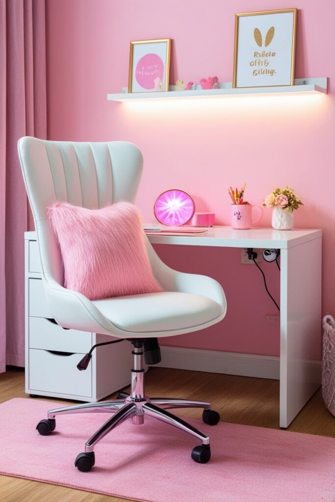 white and pink office chair featuring a soft cushion