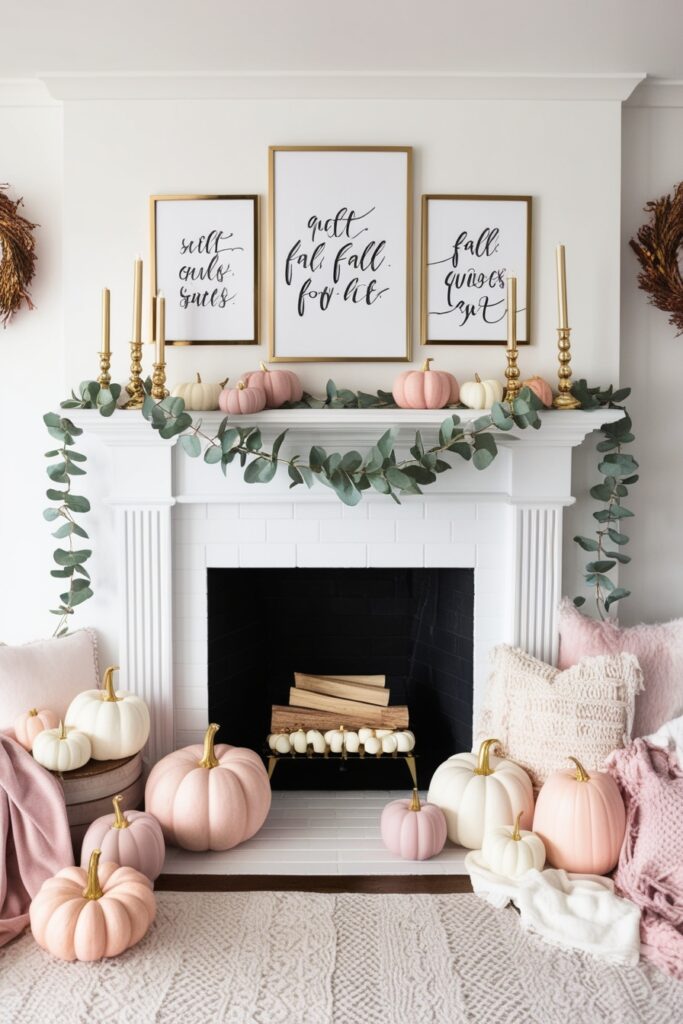 white fireplace decorated with blush and cream pumpkins, gold candlesticks, eucalyptus garland