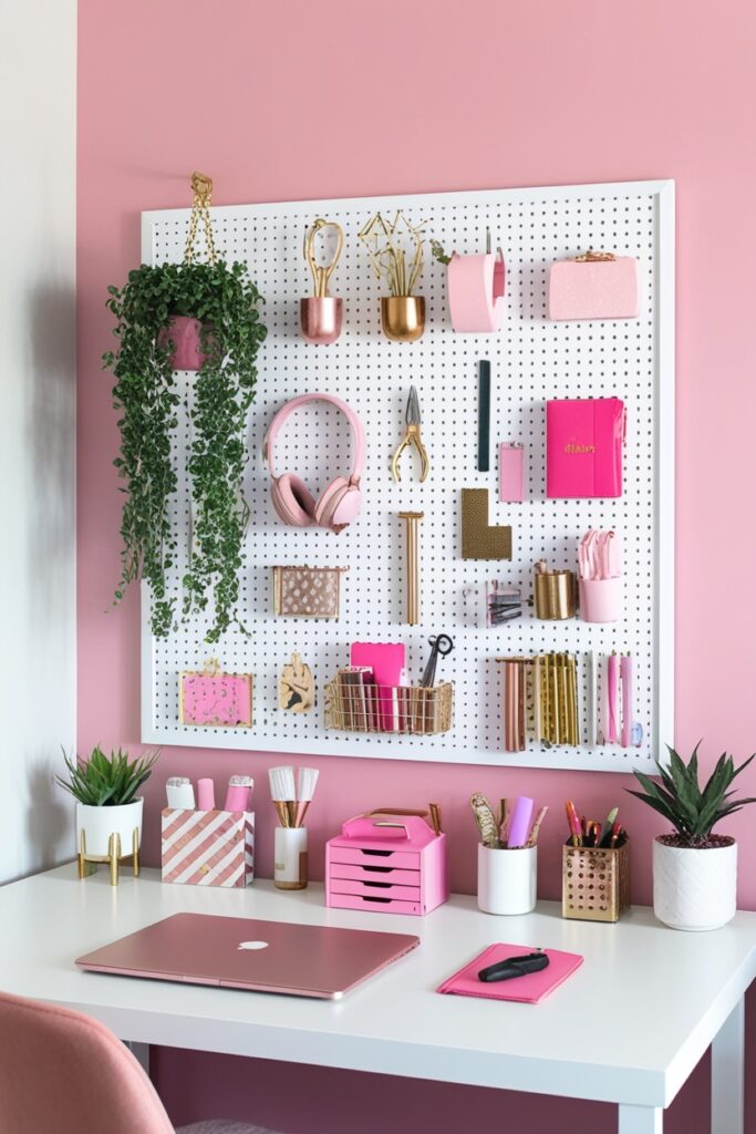 white pegboard on the wall holding pink and gold accessories, plants, and tools