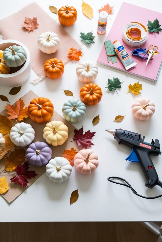 workspace with painted mini pumpkins in pastel fall colors, a hot glue gun, faux leaves