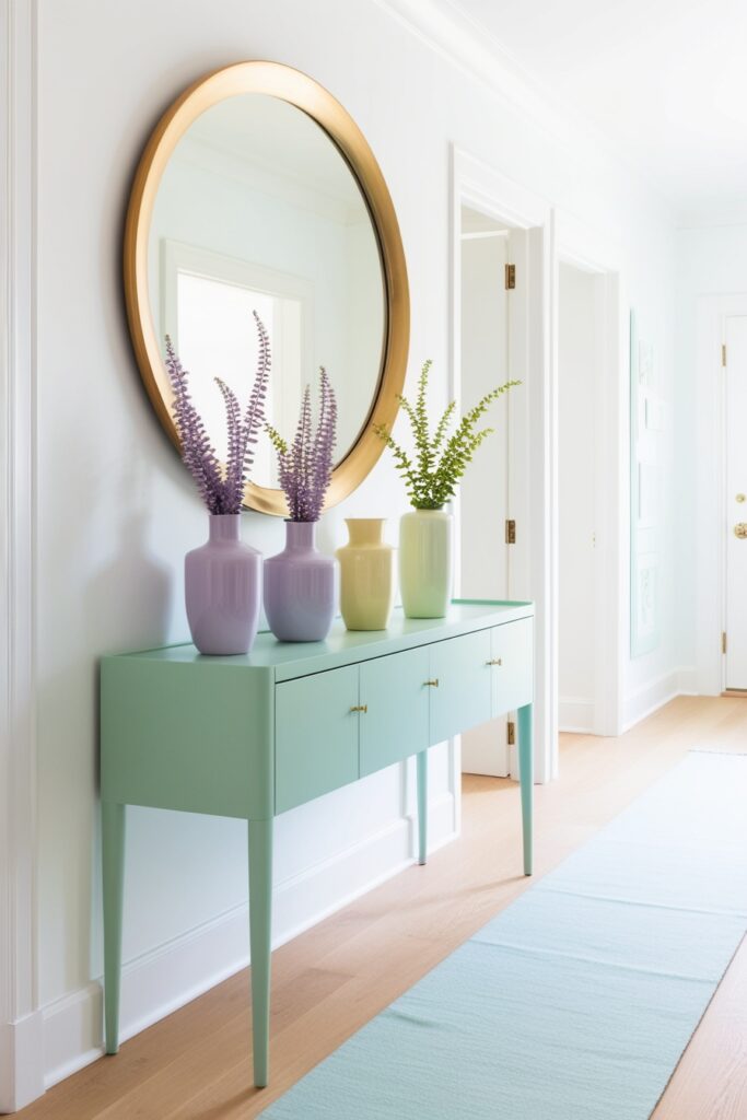 A bright hallway with a large round gold-framed mirror above a sleek mint green console table