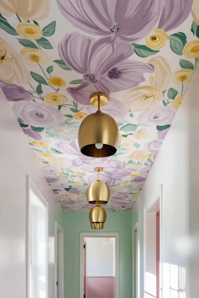 A modern upstairs hallway with a pastel floral wallpapered ceiling