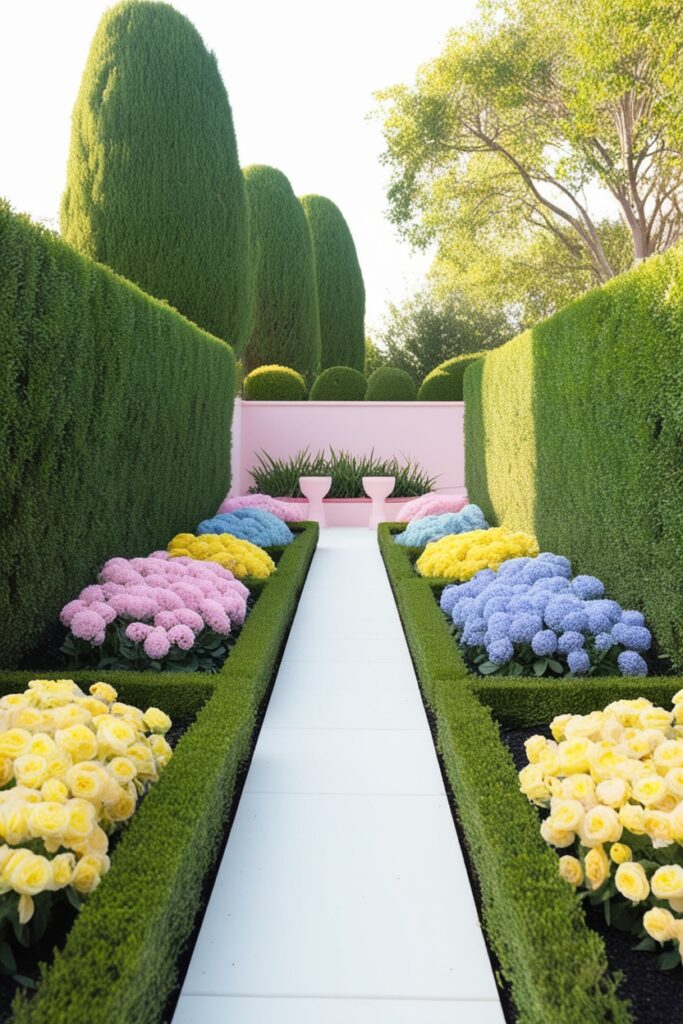 A perfectly maintained pastel front yard with trimmed mint green hedges, clean white pathways