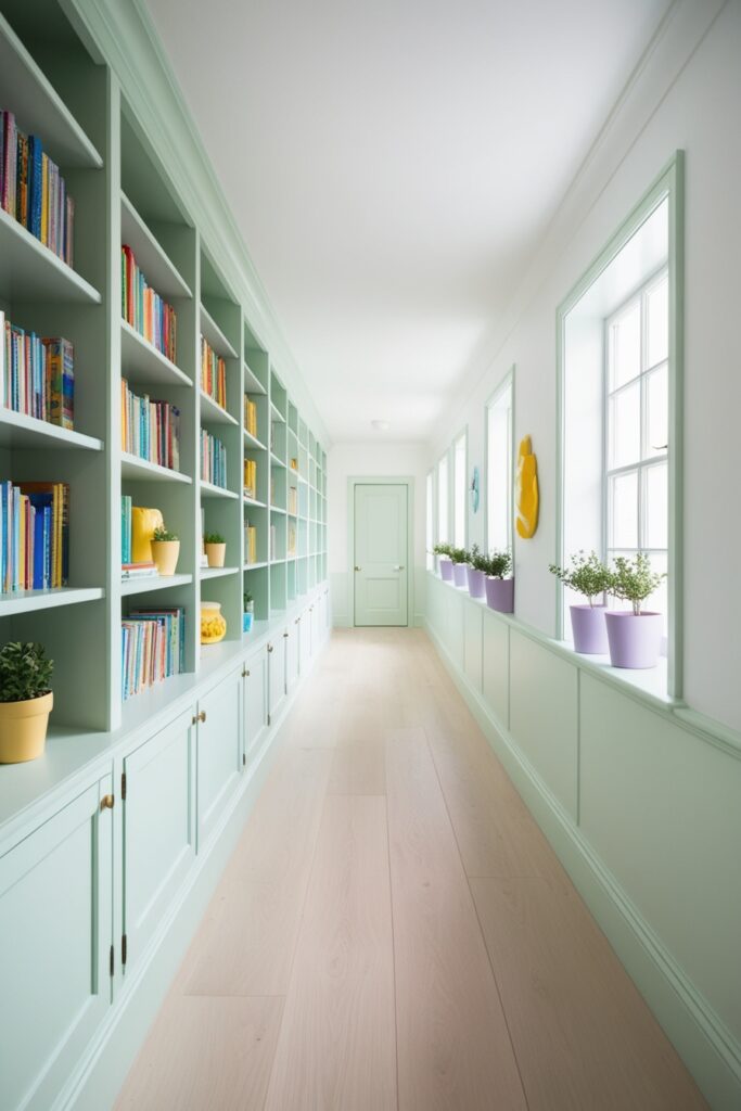 A wide upstairs hallway featuring pastel-painted built-in bookshelves