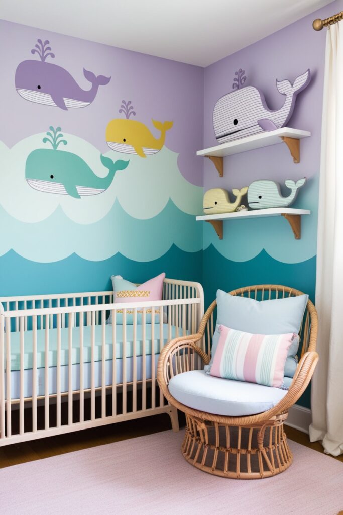 Adorable nautical nursery with pastel whale wall decals