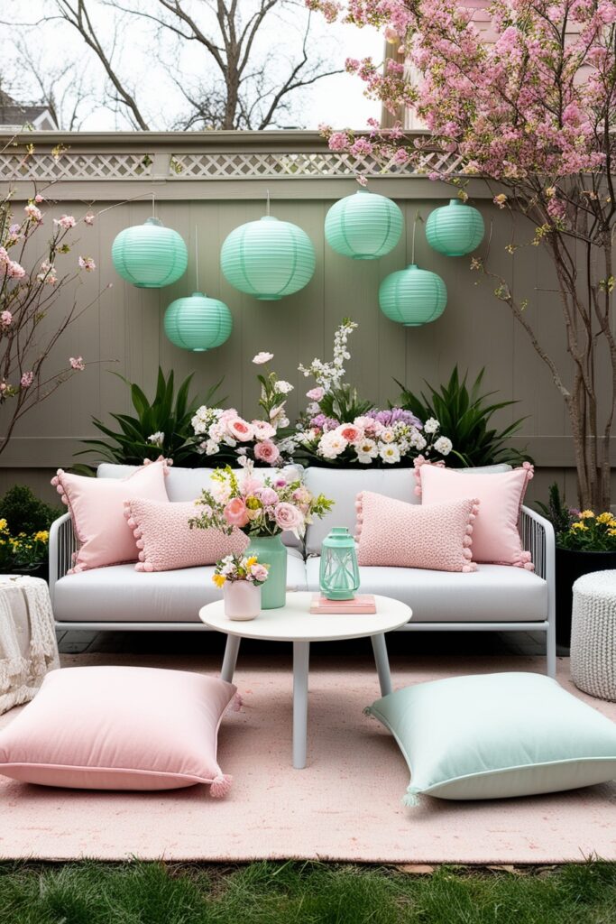 Aesthetic backyard styled for spring, pastel flower arrangements, mint green lanterns, baby pink cushions