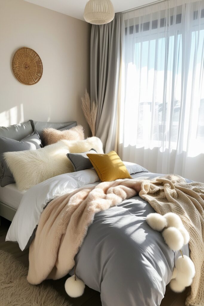 Aesthetic bedroom featuring soft greys, creamy whites, and warm beige tones, fluffy bedding with layered textures