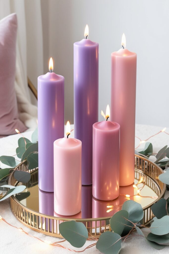 Aesthetic candle display with lavender and blush pink candles of varying heights on a gold mirrored tray