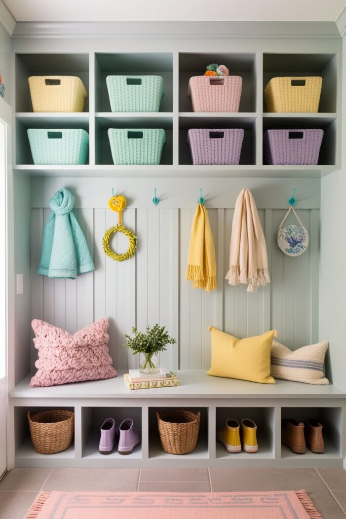 Aesthetic mud room with open pastel shelves, mint and lavender baskets