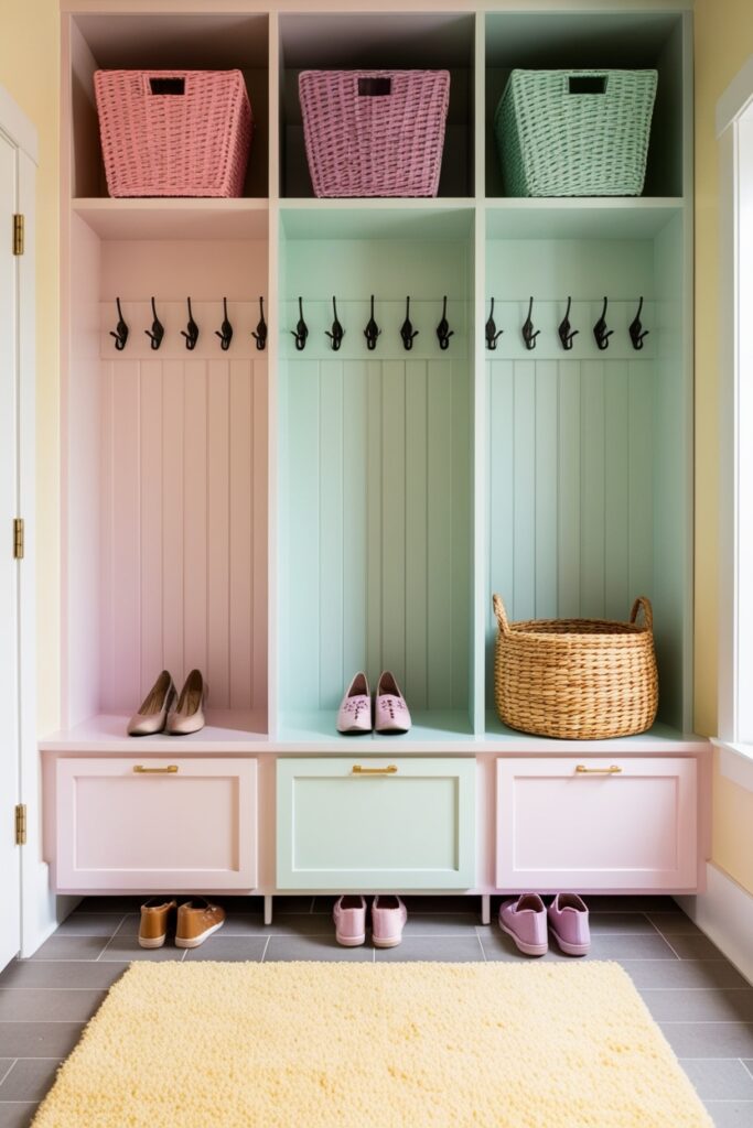 Aesthetic mud room with pastel-colored shoe cubbies, neat rows of shoes, wicker baskets