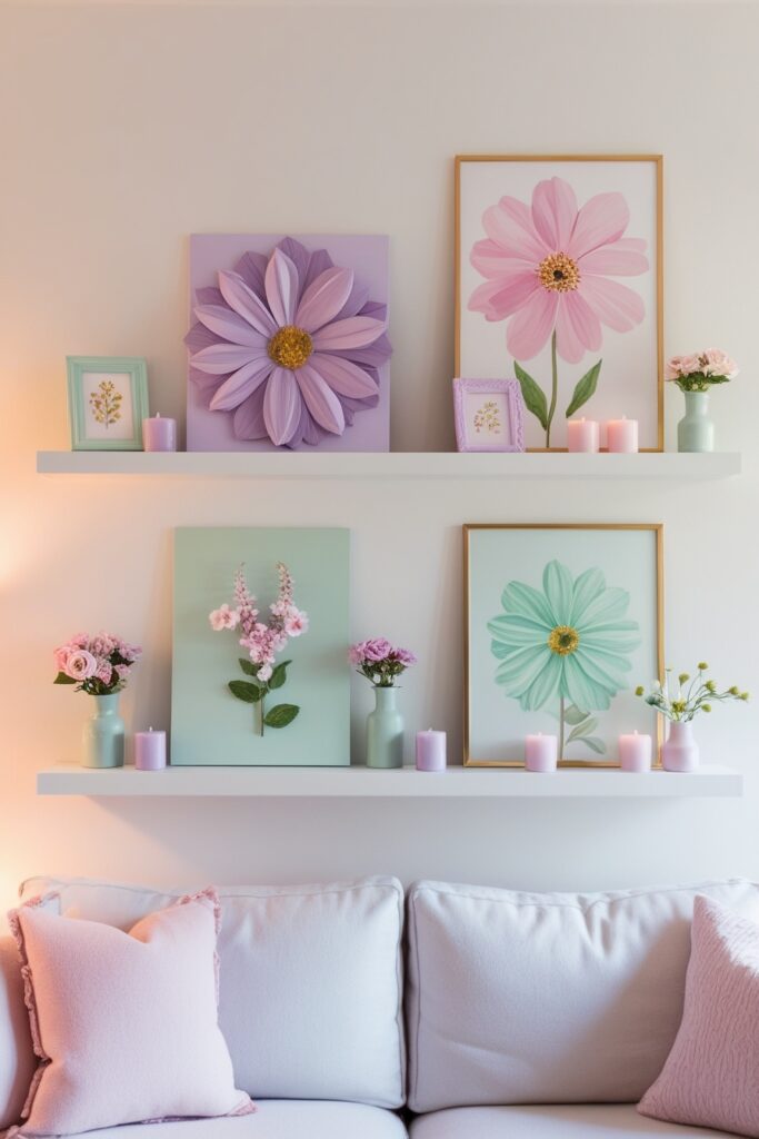 Aesthetic pastel photo ledges on a soft white wall, styled with lavender frames