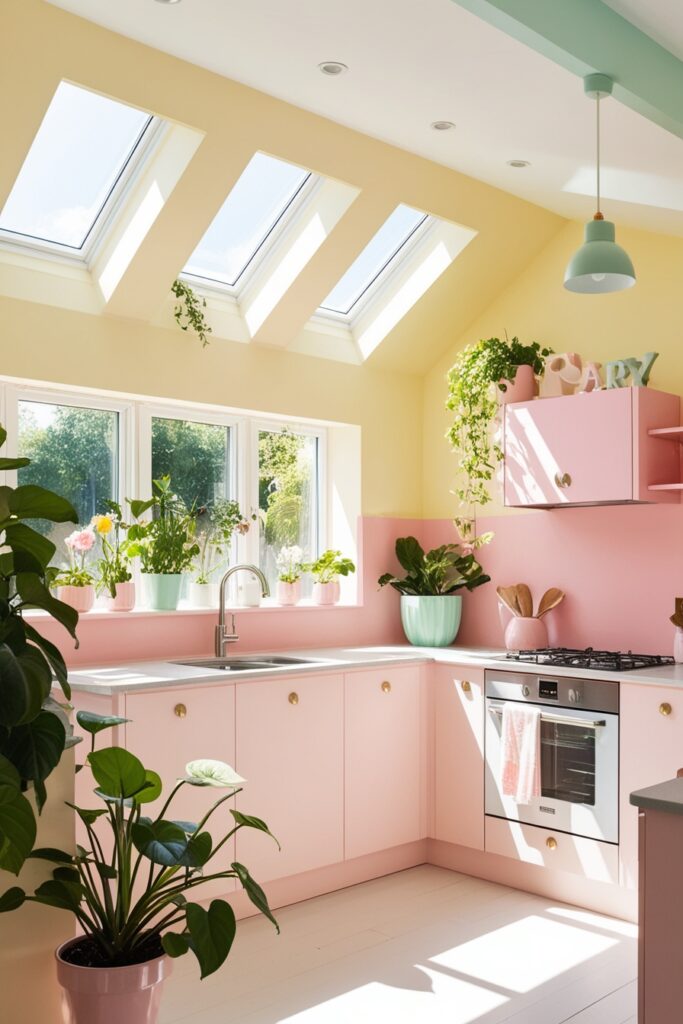 Airy pastel kitchen with skylights letting sunshine pour in, soft pastel yellow walls