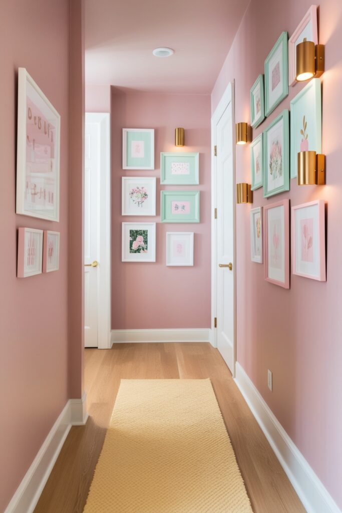 An upstairs hallway with blush pink walls and an eclectic gallery wall of art prints and photos