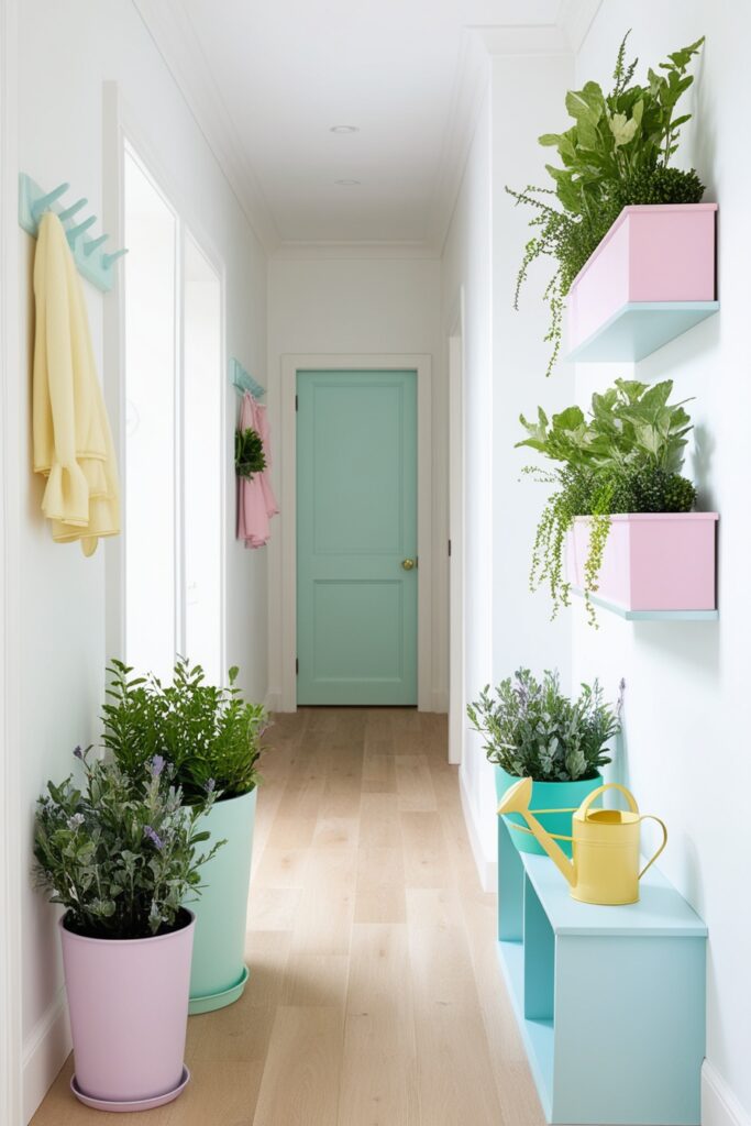 An upstairs hallway with white walls, light oak floors, and pastel pink, mint green, and lavender planters filled