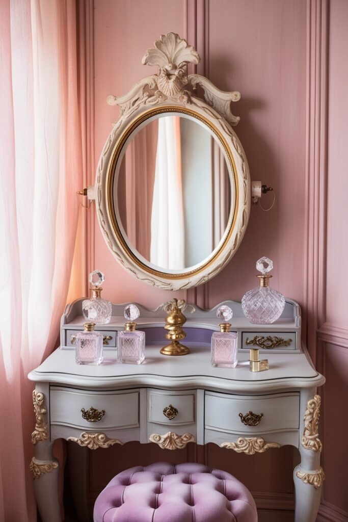 Antique-style wooden vanity with ornate carved details, oval mirror with gold frame, velvet tufted stool