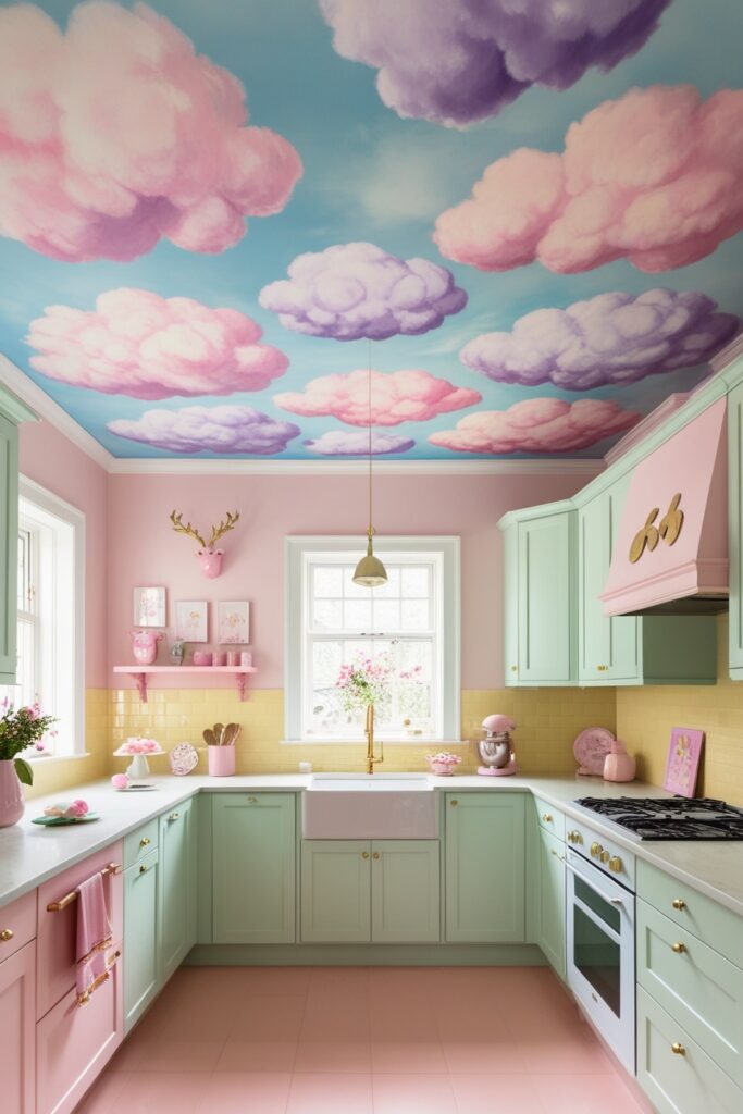 Artistic pastel kitchen with a dreamy ceiling mural of fluffy pastel-colored clouds