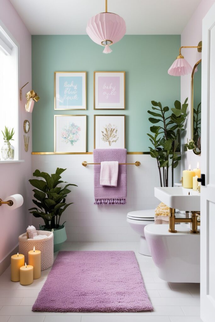 Bathroom decorated with girly pastel details—baby blue art prints, lavender rugs