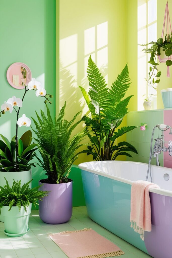 Bathroom full of greenery against pastel backgrounds—mint green walls, baby blue tub, lavender planters