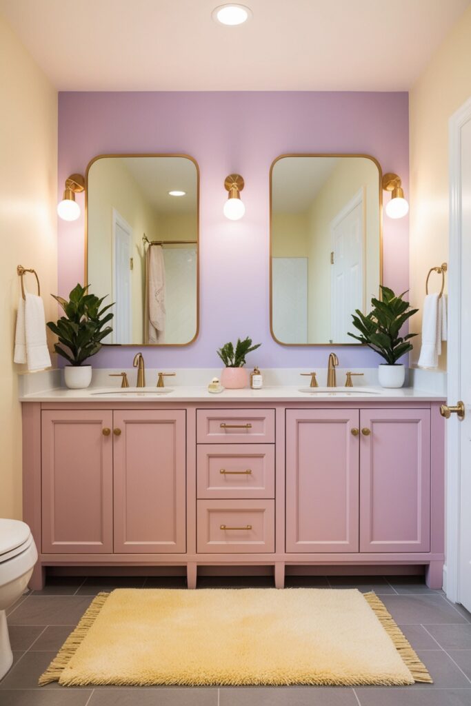 Bathroom with a pastel accent wall in lavender, double vanity with blush pink cabinetry