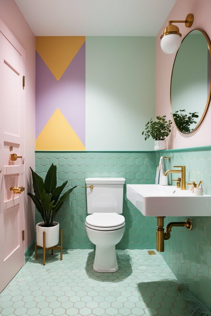 Bathroom with bold pastel tile patterns—lavender and butter yellow geometric wall tiles