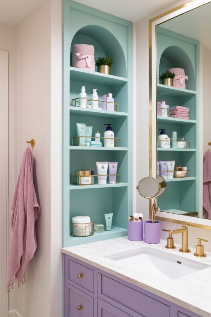 Bathroom with built-in wall niches, pastel blue shelves, organized skincare