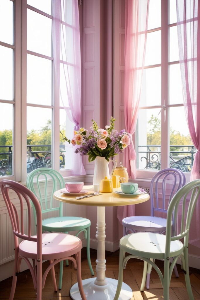 Bay window café-style breakfast corner, pastel bistro table and chairs