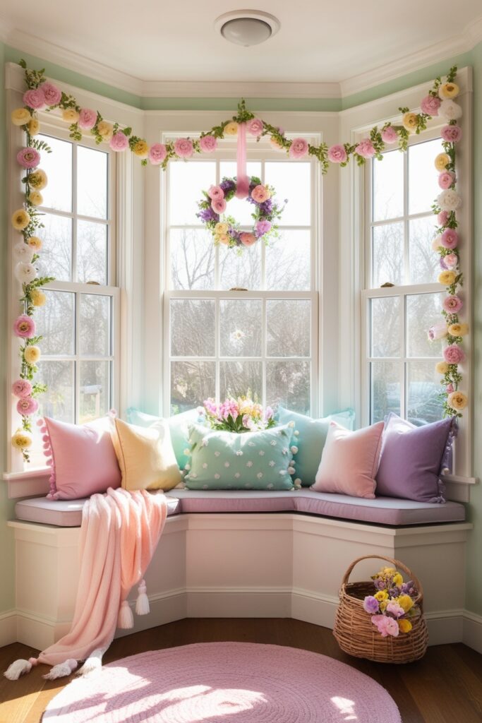 Bay window decorated for spring with pastel garlands