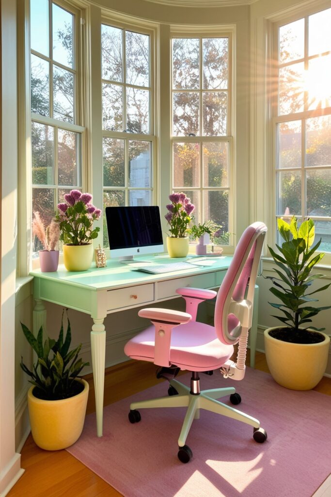Bay window home office with pastel desk in mint green, pink ergonomic chair