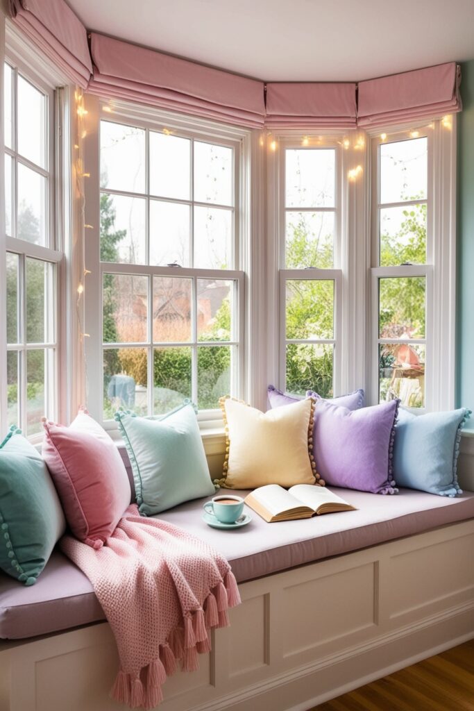 Bay window turned into a cozy reading nook, pastel cushions