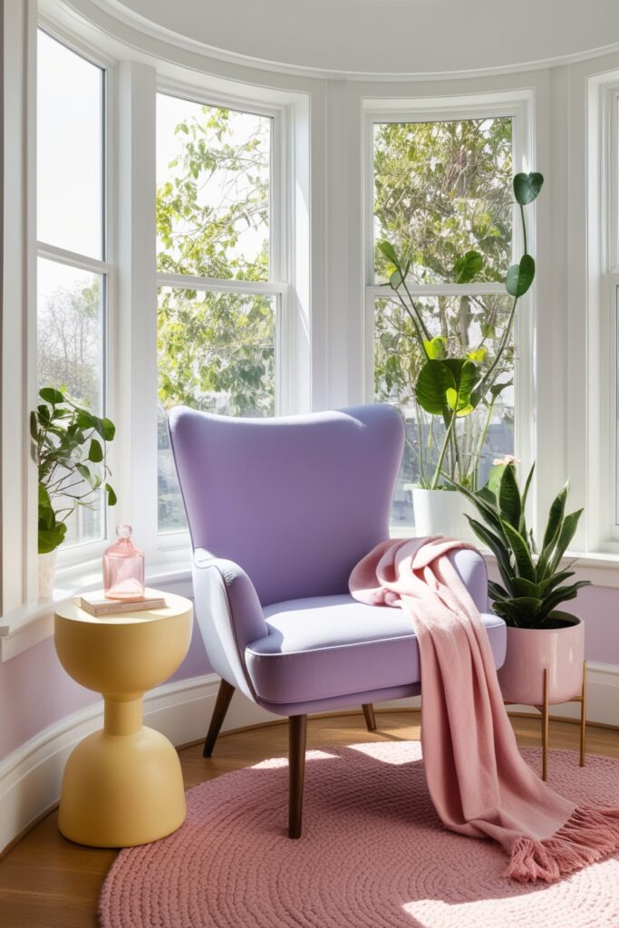 Bay window with bold pastel accent chair in baby blue or lavender, side table in butter yellow
