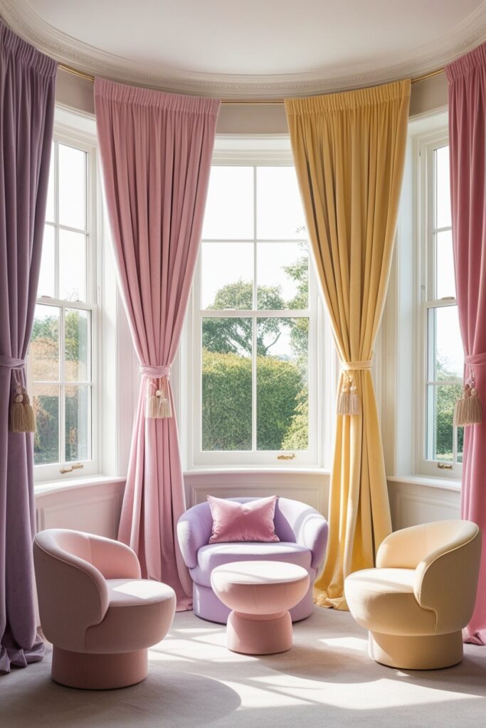 Bay window with bold pastel velvet floor-to-ceiling drapes in pink, lavender, and butter yellow