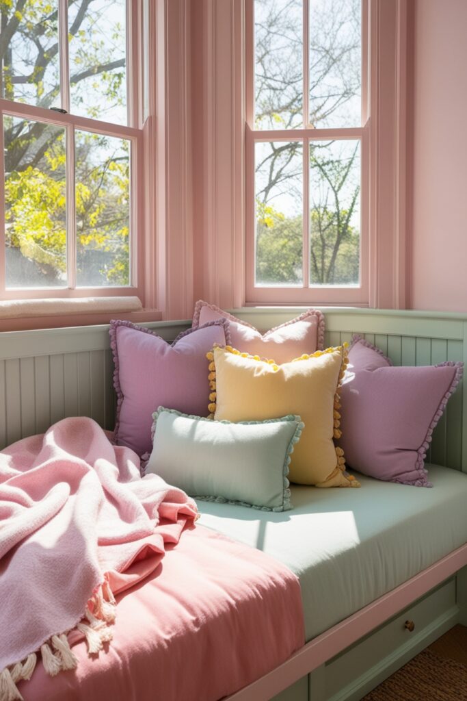Bay window with pastel daybed in pink and mint green, soft throws, layered cushions