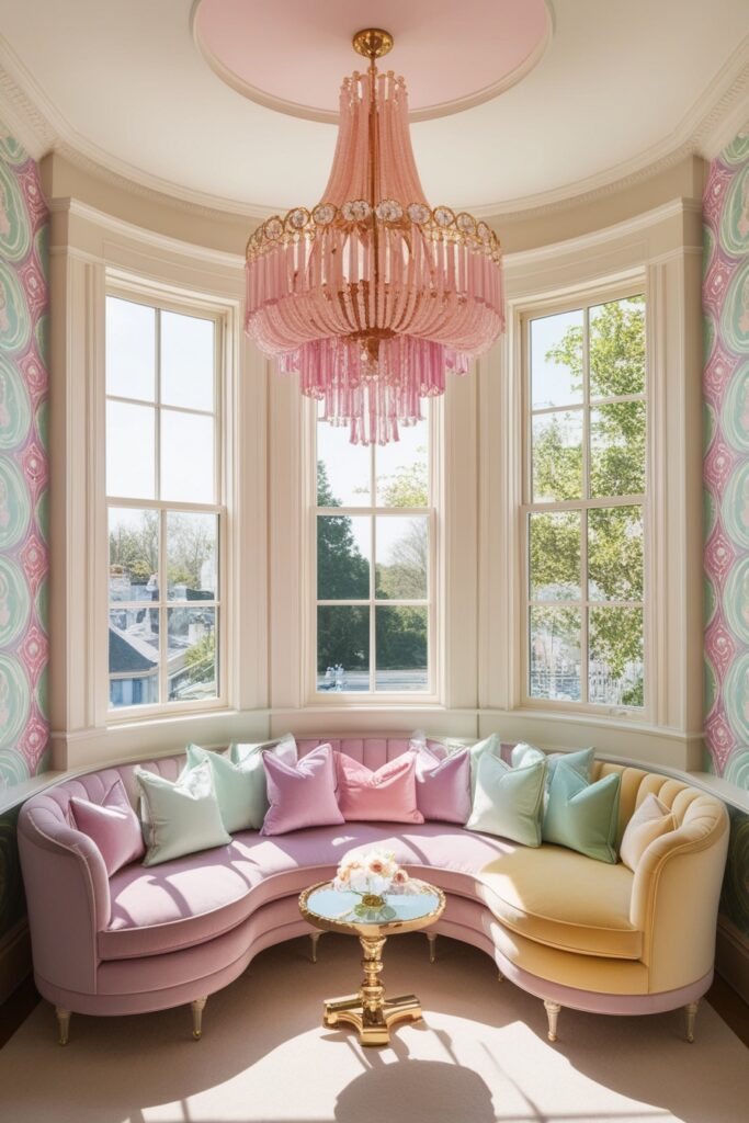 Bay window with statement chandelier in pastel tones, bold patterned wallpaper in pink