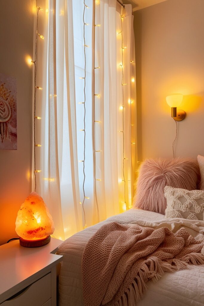 Bedroom corner with a Himalayan salt lamp glowing softly, string lights behind sheer ivory curtains