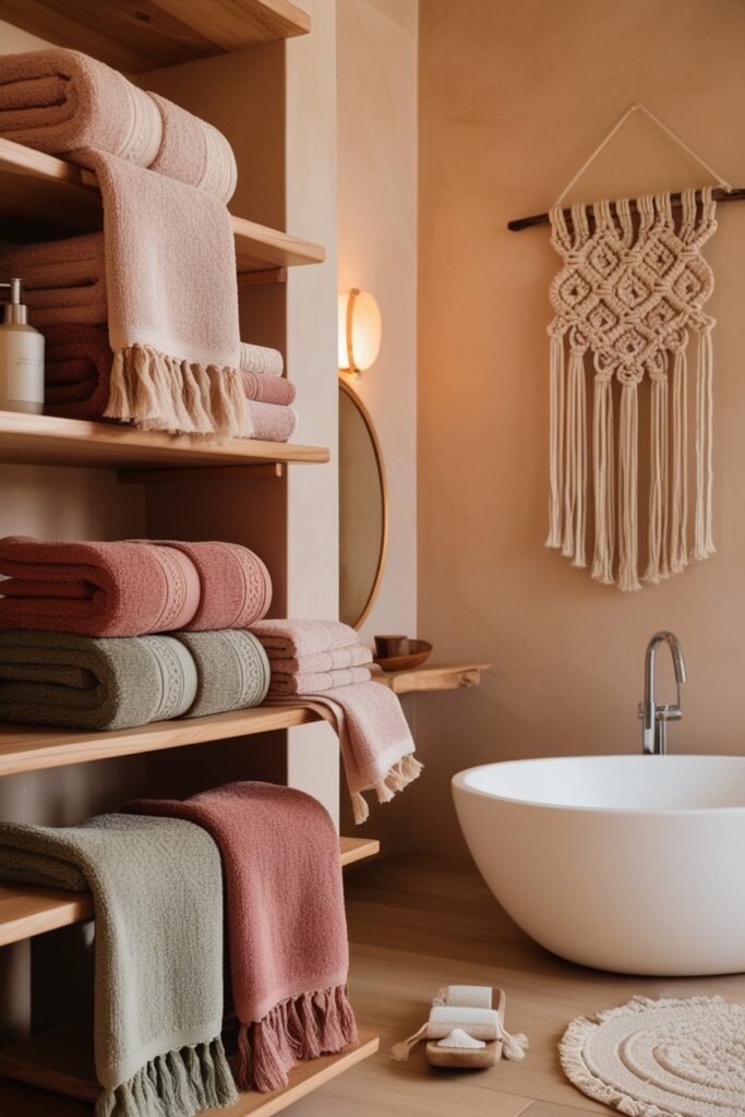 Bohemian-style bathroom with neatly folded Turkish towels in dusty rose, ochre, and sage, fringed ends