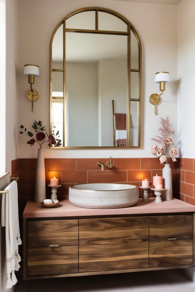 Boho chic bathroom featuring a large asymmetrical brass-framed mirror above a wood vanity, terracotta-tiled backsplash