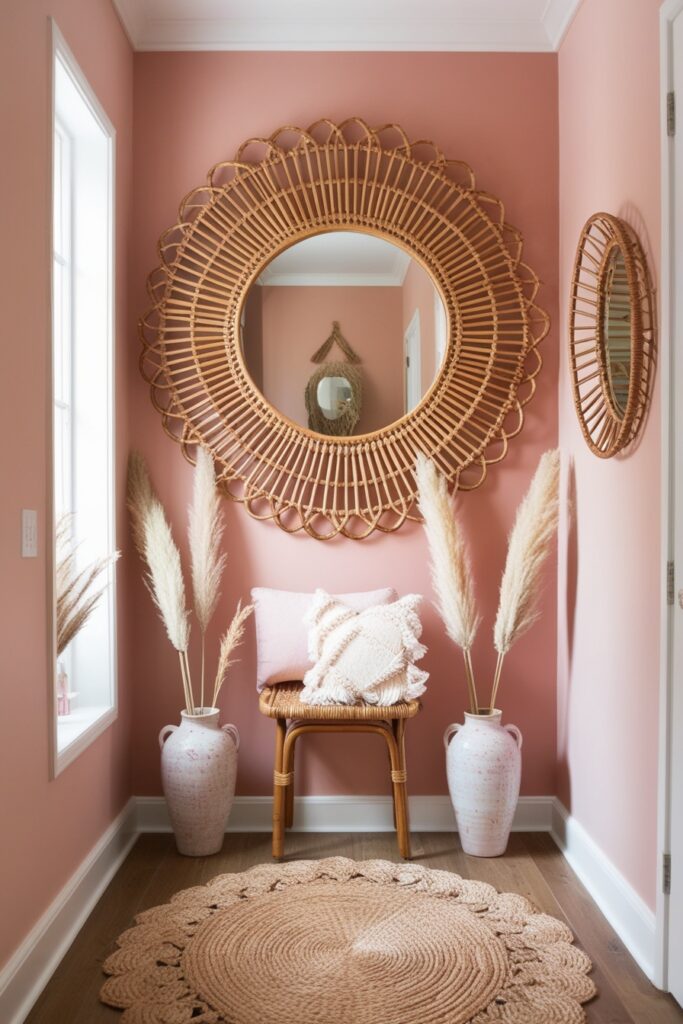 Boho chic hallway with oversized rattan sunburst mirror, warm blush pink walls