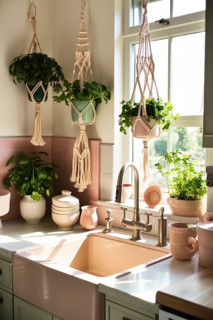 Boho-chic kitchen with macramé plant hangers, a small macramé wall hanging above the sink