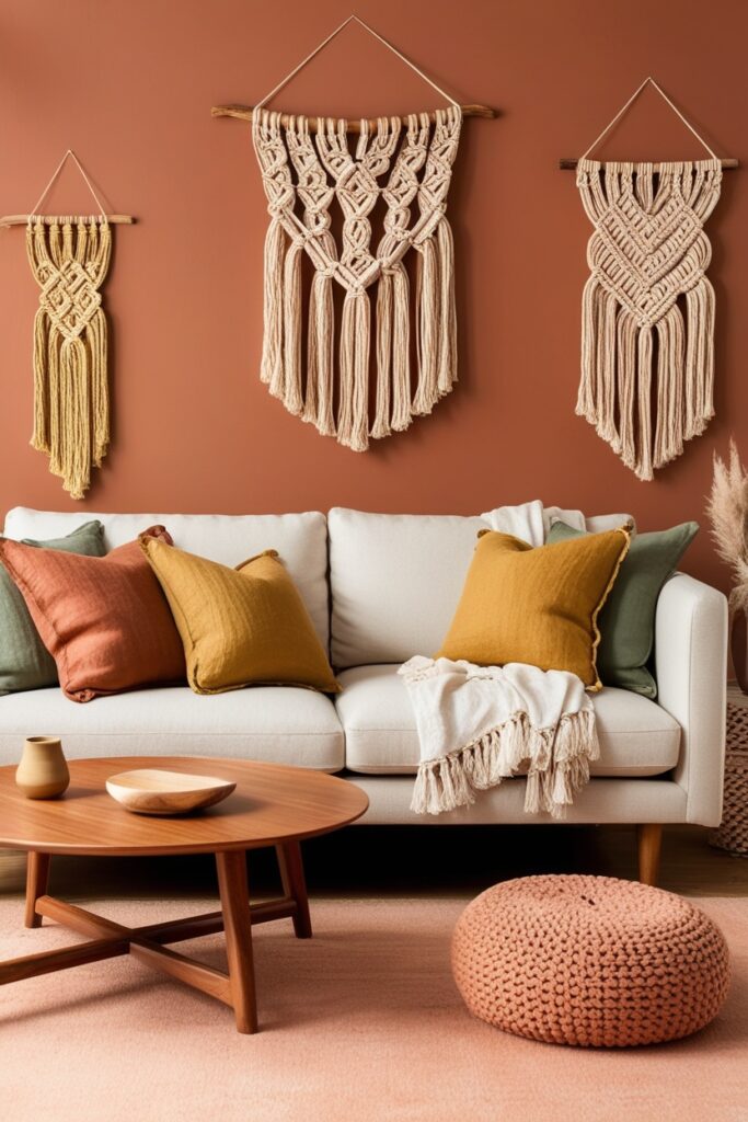 Boho-chic living room with terracotta, olive green, and mustard yellow accents