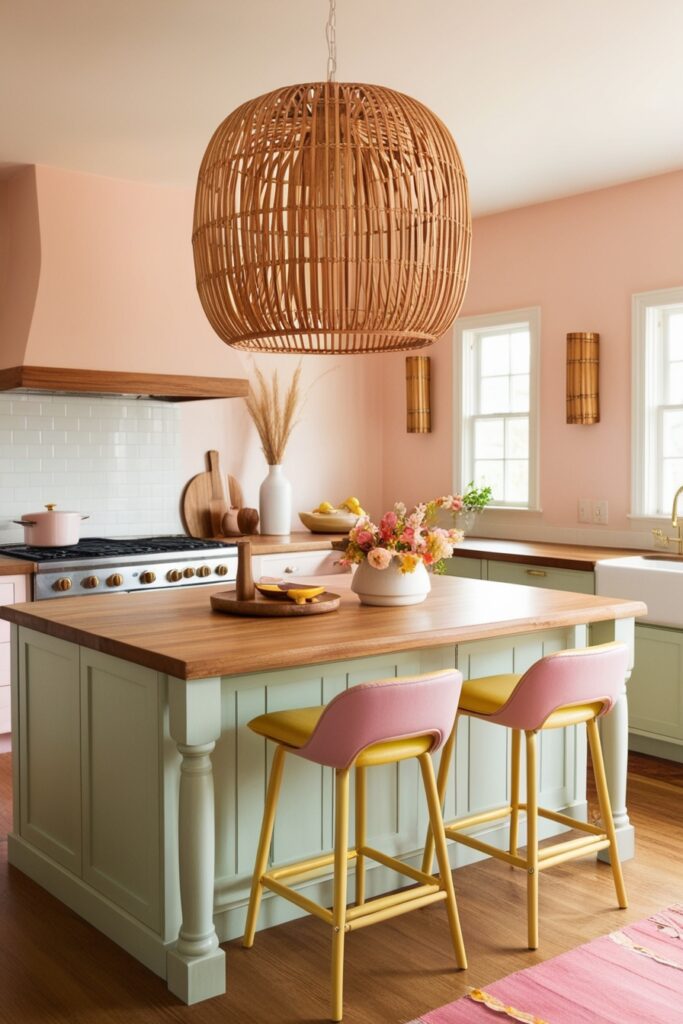 Boho kitchen with a large rattan pendant light above an island