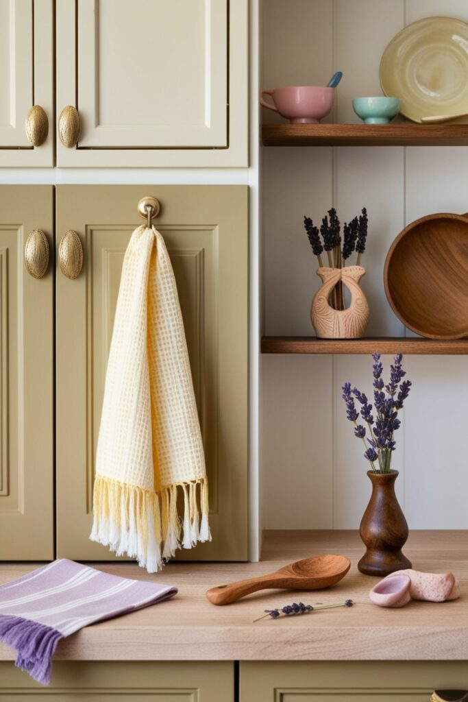 Boho kitchen with brass cabinet handles, a fringed tea towel in pastel yellow, carved wooden spoon rest