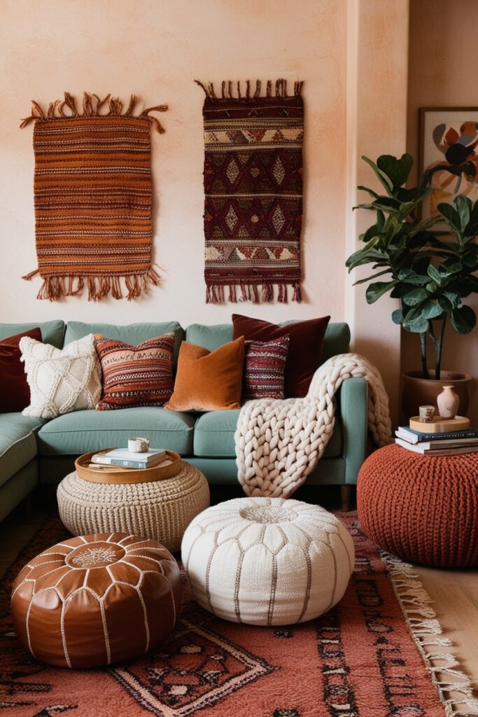Boho living space filled with layered textiles—Moroccan poufs, velvet pillows, chunky knit throws