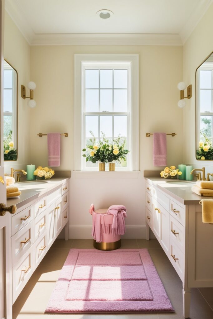 Bright Jack and Jill bathroom with a neutral base (white and beige) accented by pastel decor (2)